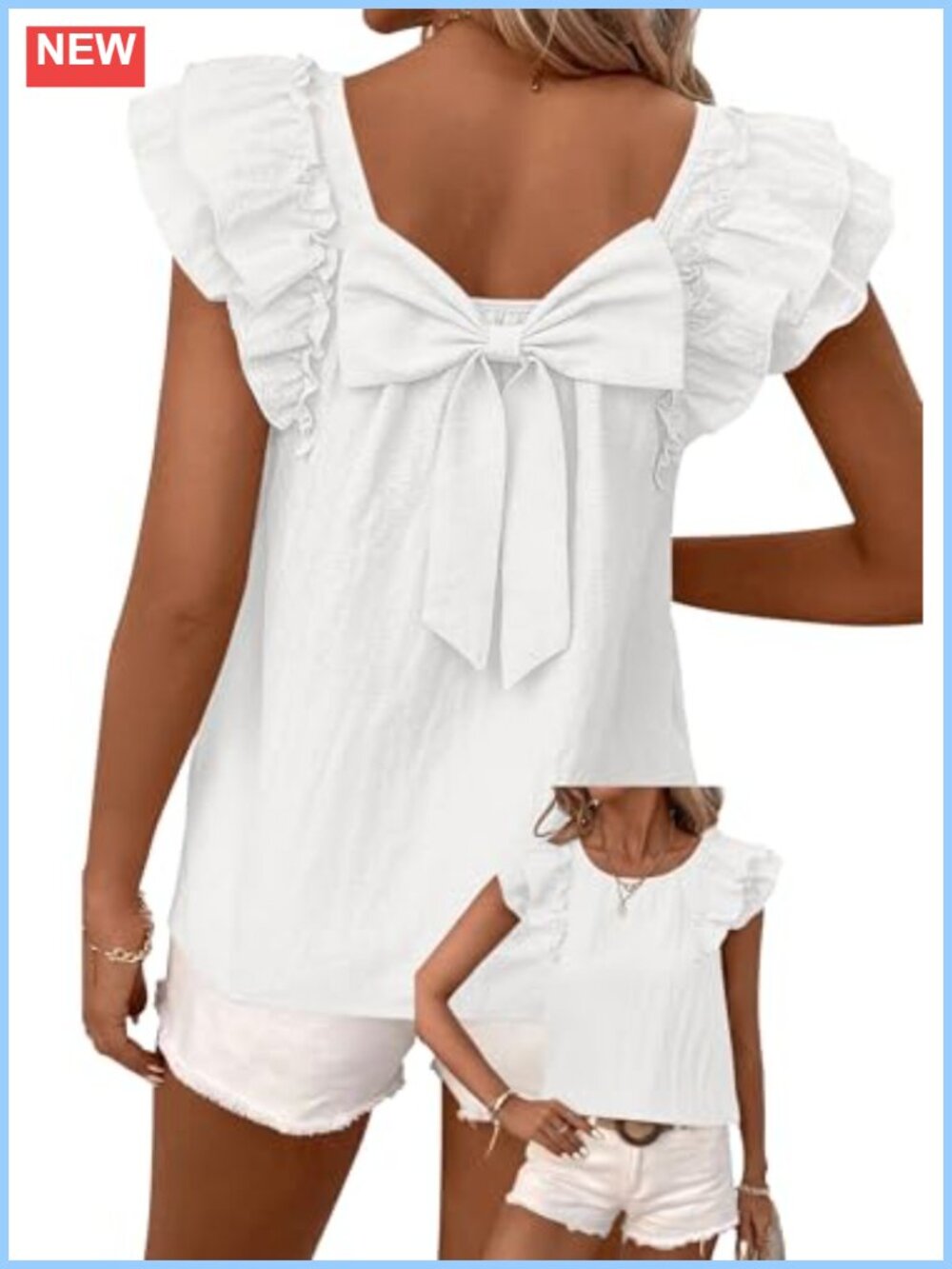Womens Bow Tie Back Ruffle Sleeve Babydoll Blouse Short Sleeve Summer Top